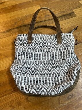 Myra Bag upcycled canvas and leather shoulder tote with no strap